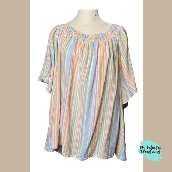 Cato Tops - Blue and Pink Relaxed Blouse with Gathered Neckline